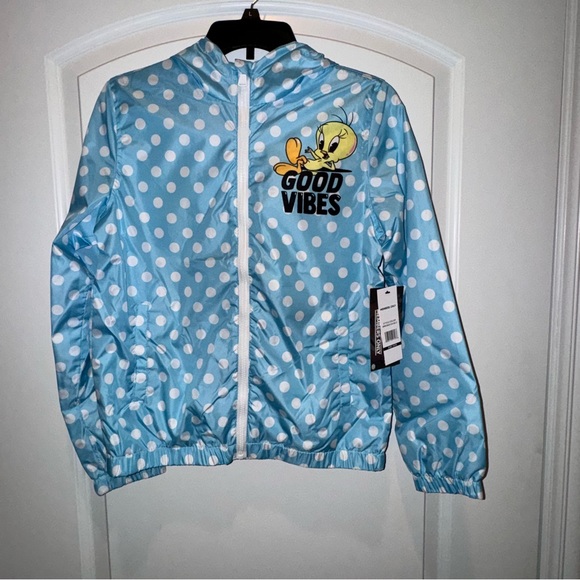 Girl’s Members Only Tweety Blue & White Polka dotHoodedJacket Size 14/16 New